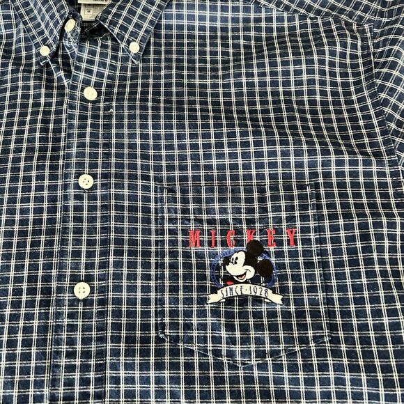 Vintage Disney Mickey Button Up Shirt Mens Medium Blue White Check Plaid - Picture 1 of 9